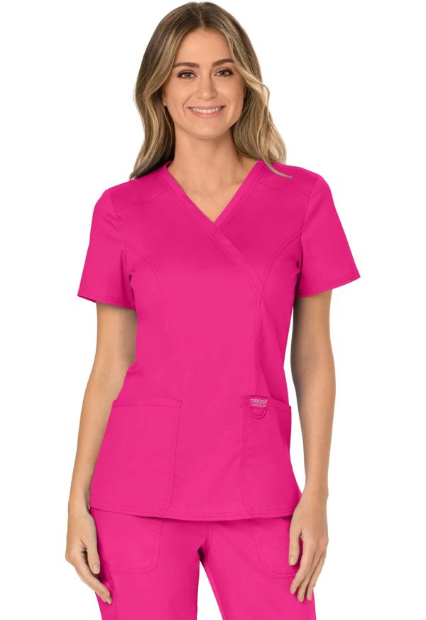 Cherokee Women s 3-Pocket Mock Wrap Top - Electric Pink Discount