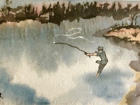 Original Fishing Watercolor Card by Sanford Schatz For Sale