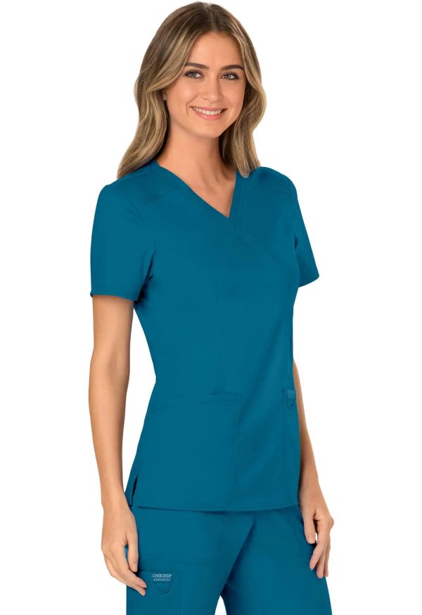 Cherokee Women s 3-Pocket Mock Wrap Top - Caribbean Blue Discount