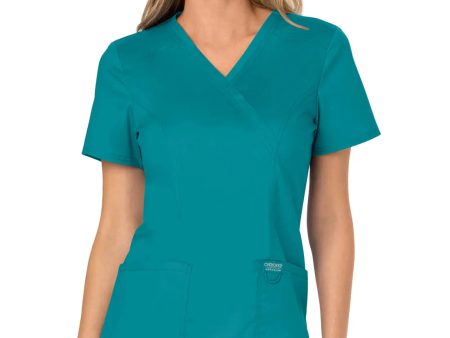 Cherokee Women s 3-Pocket Mock Wrap Top - Teal Online Sale