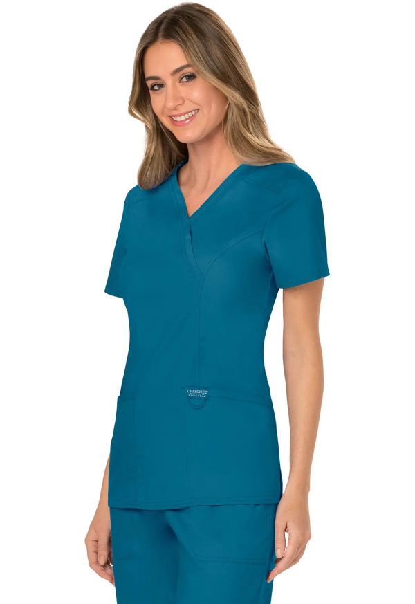 Cherokee Women s 3-Pocket Mock Wrap Top - Caribbean Blue Discount